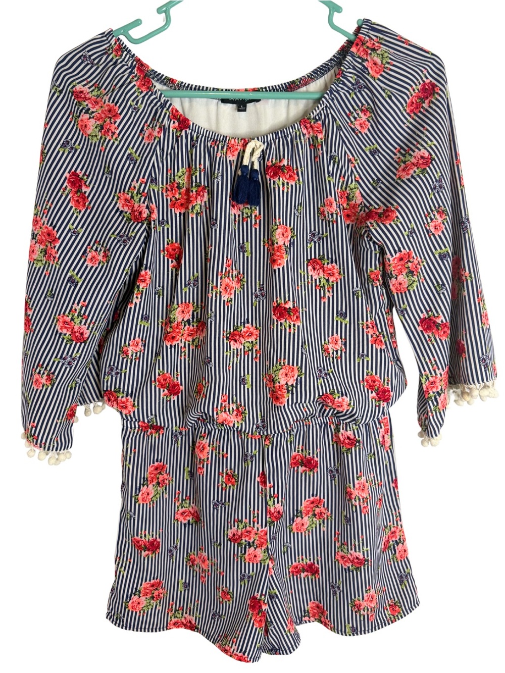 3/$20 Takara Girls Blue & White Striped Floral Print Romper Size Large